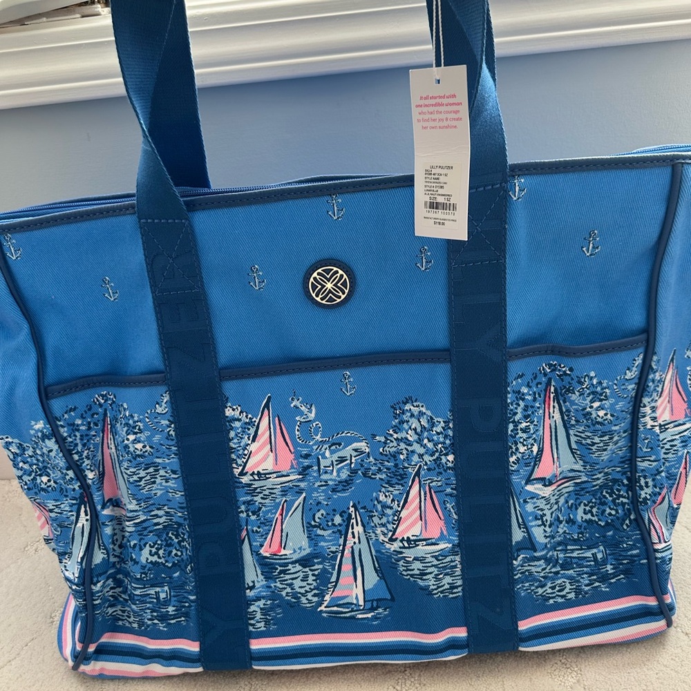 Tory Burch Blue Canvas Sailboat Tote with Pink Accents